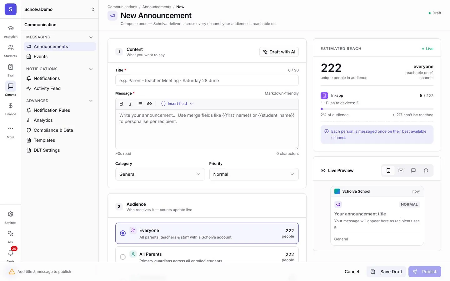 Composing an announcement in Scholva with a rich text editor, category and priority, audience selection and an estimated reach of parents, teachers and staff.