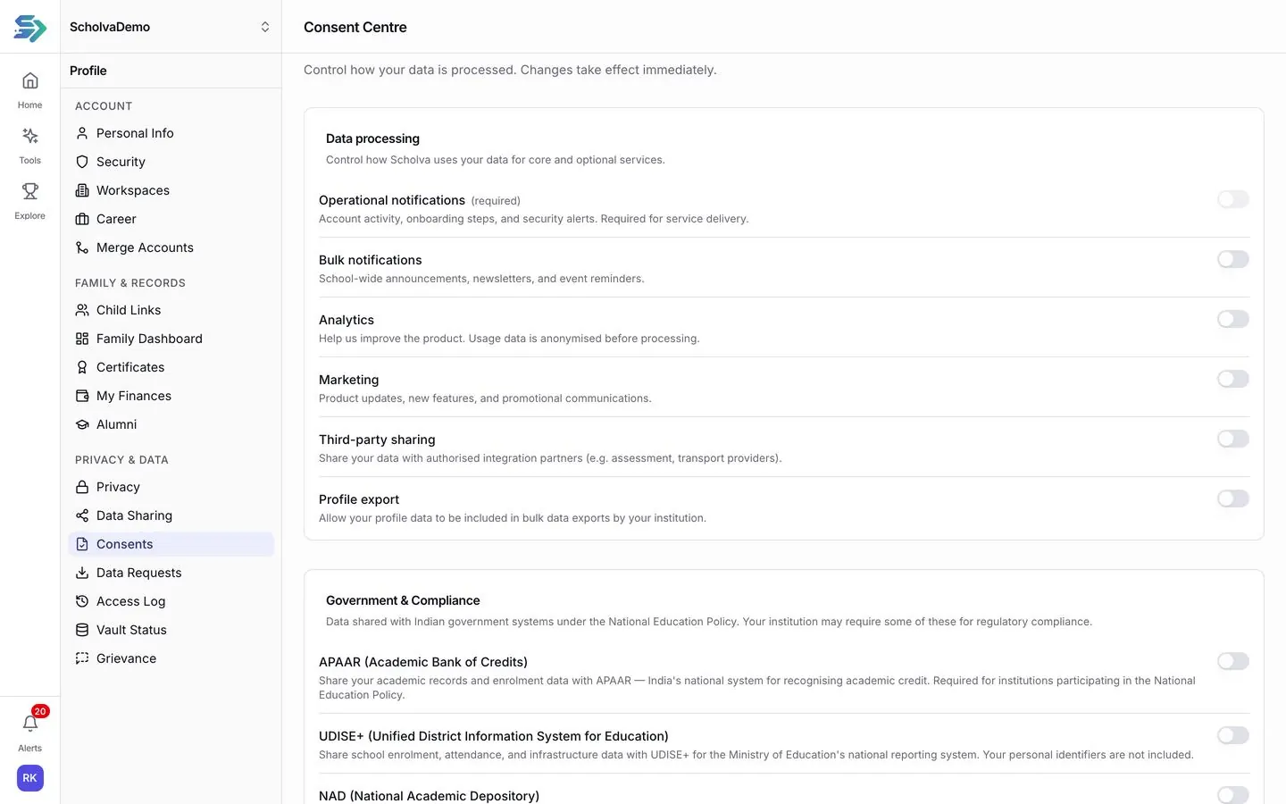 The Scholva consent centre for the DPDP Act: toggles for data processing, notifications, analytics, marketing and third-party sharing, plus APAAR and UDISE+ consents.