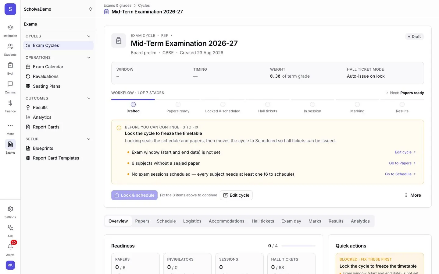 An exam cycle in Scholva with a seven-stage workflow from draft to results, readiness checks and the steps left before the timetable can be locked.