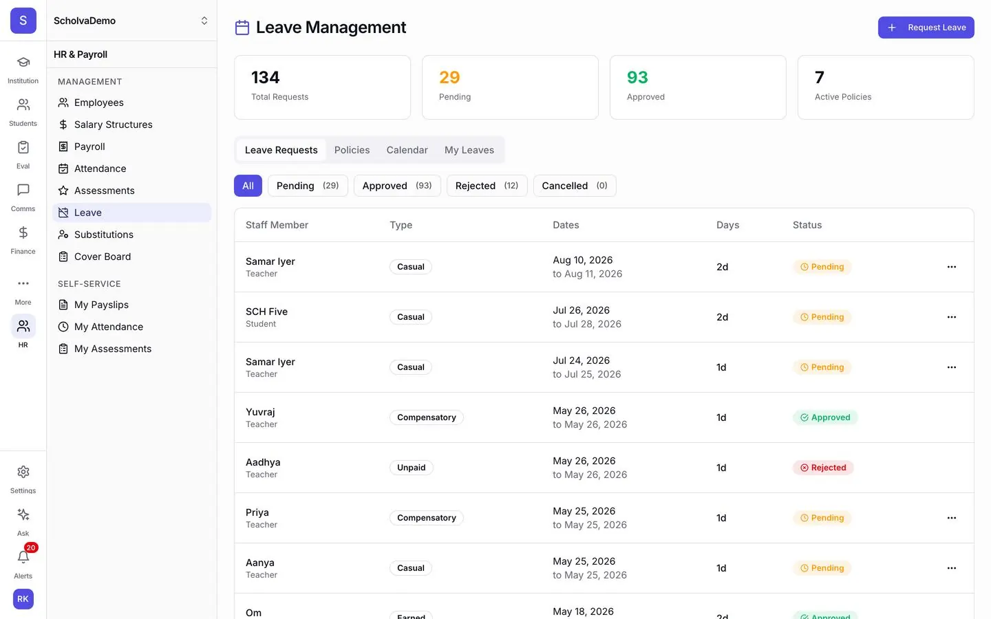 Staff leave management in Scholva: pending, approved and rejected requests with leave type, dates and days for each staff member.