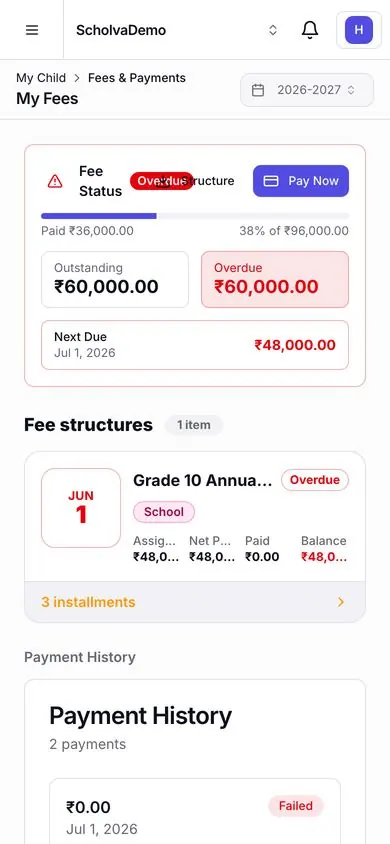 Scholva parent app on a phone showing a child's fee status: amount paid, outstanding and overdue balance, the next due date and a Pay Now button.