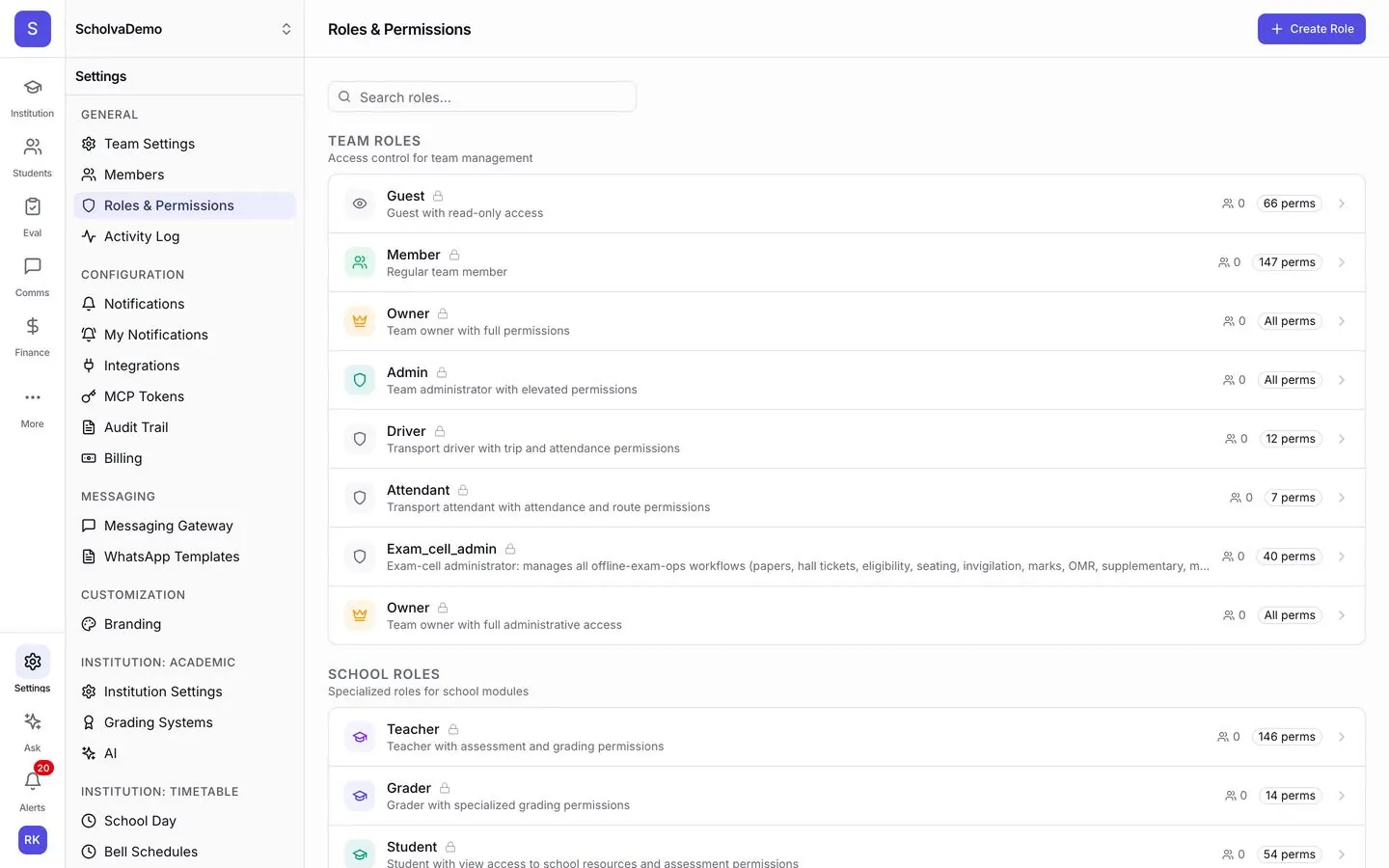 Roles and permissions in Scholva: team and school roles such as owner, admin, teacher, driver and exam cell admin, each with a permission count.