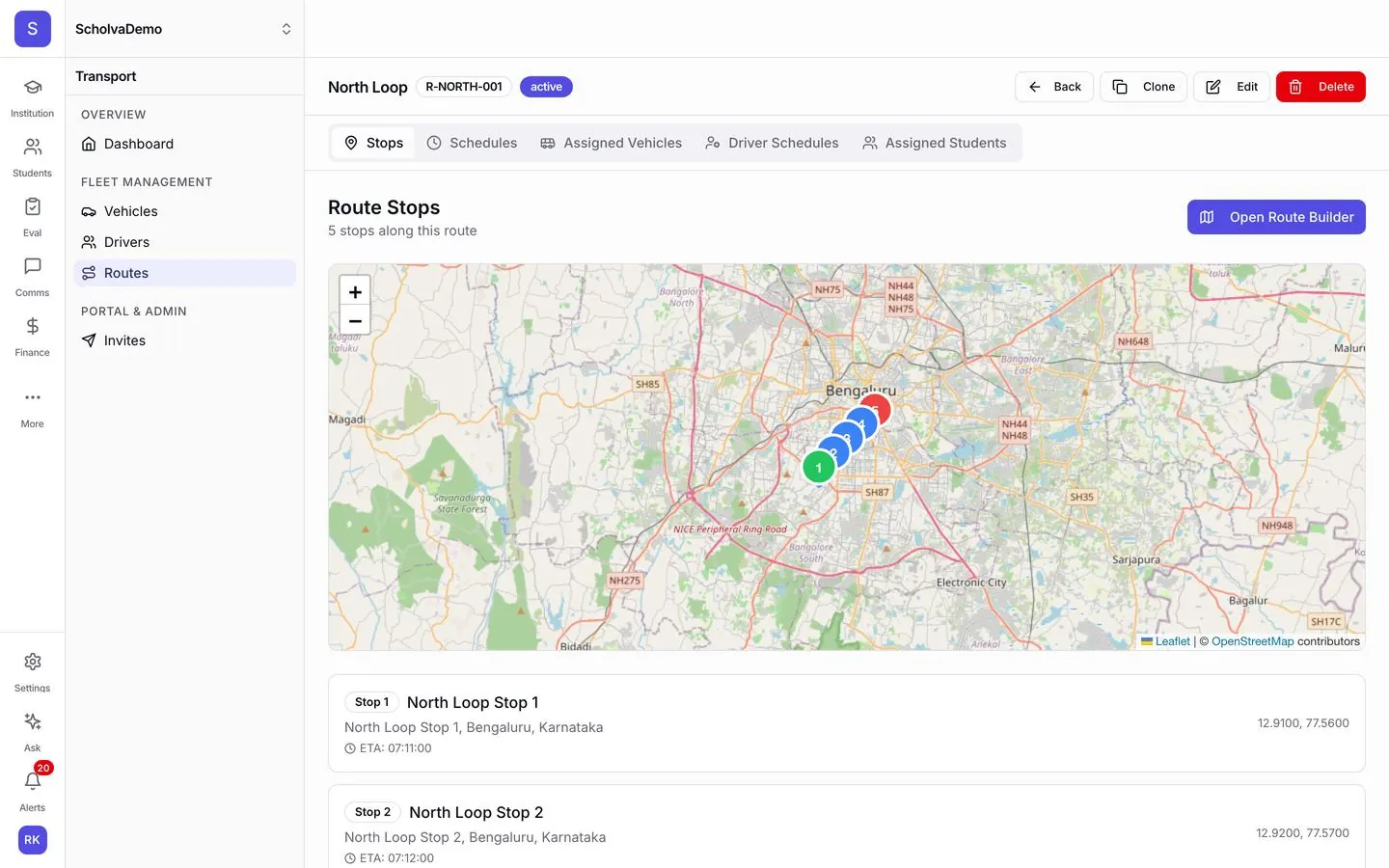 A school bus route in Scholva: stops plotted on a map of Bengaluru with the ETA for each stop, and tabs for schedules, vehicles, drivers and students.