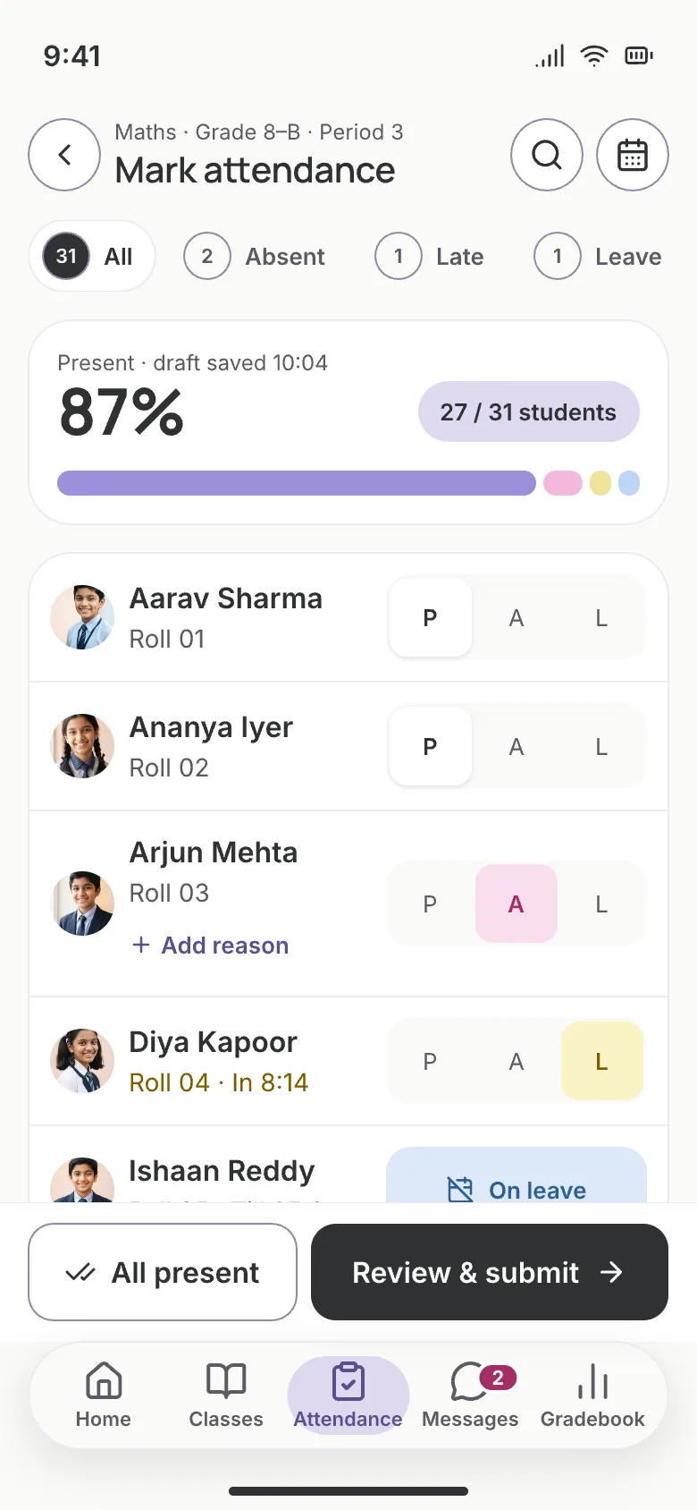 Marking attendance in the Scholva teacher app: 27 of 31 students present, one-tap Present, Absent and Late for each student, and Review and submit.