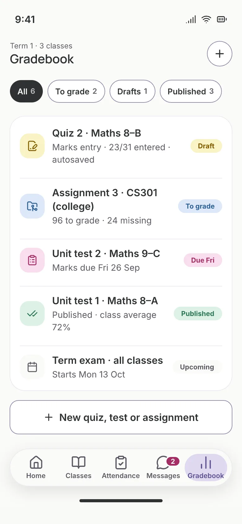 Gradebook in the Scholva teacher app: quizzes, assignments and unit tests with their marking status: draft, to grade, due and published.