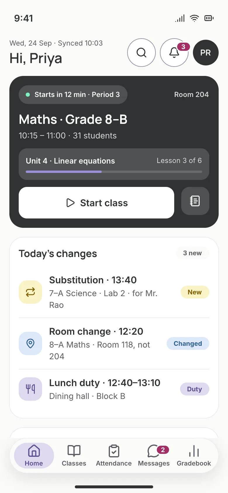 Scholva teacher app home: the next period (Maths, Grade 8-B, Room 204) with a Start class button, today's substitutions and room changes, and quick tools.