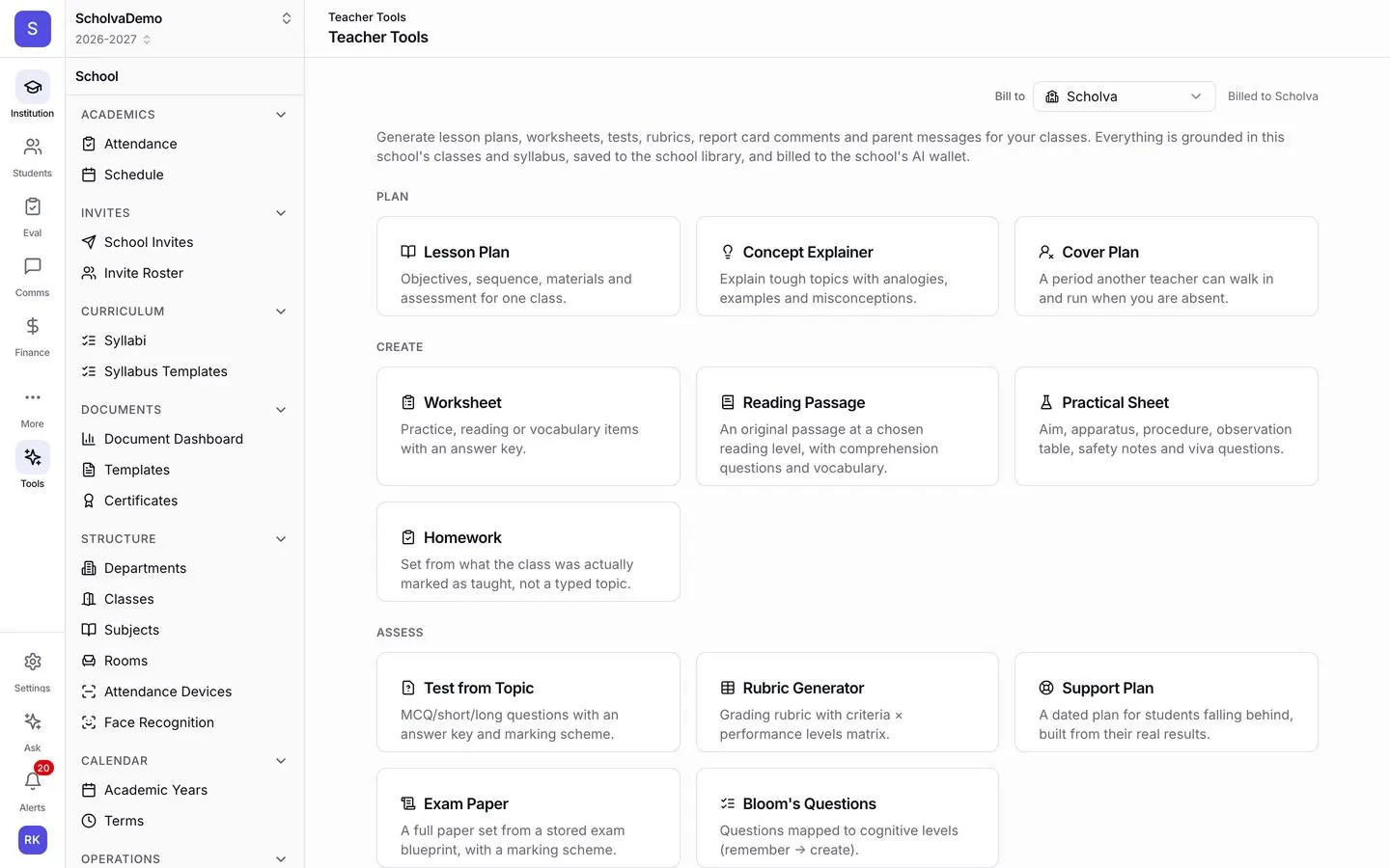 Scholva teacher tools: lesson plans, concept explainers, worksheets, reading passages, homework, tests from a topic, rubrics, support plans and exam papers.