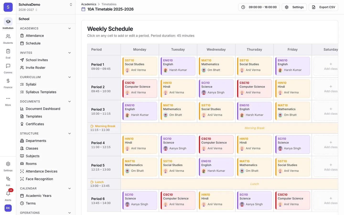 A weekly timetable in Scholva for class 10A: periods Monday to Friday with subject, teacher, morning break and lunch, color coded by subject.